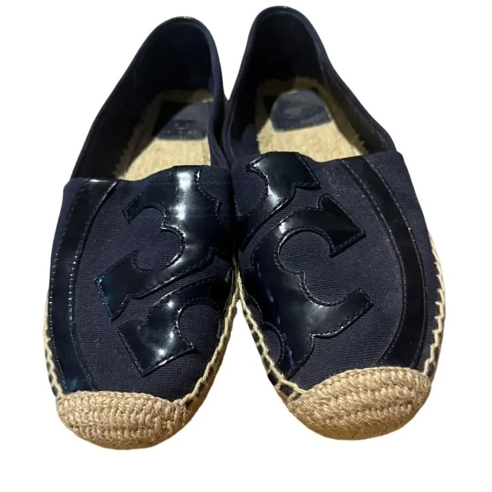 Tory Burch Blue Black Canvas and Patent Leather Poppy Espadrilles Sz. 7.5